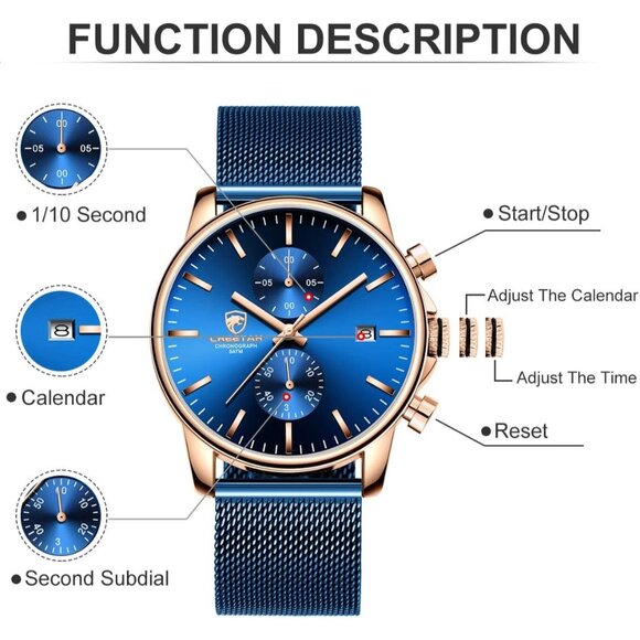 ⚡Blue Men’s Watch Fashion Sport Quartz Analog Mesh Stainless Steel Waterproof - Picture 3 of 7